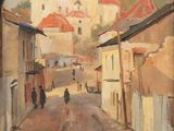 an oil painting of a street scene with people walking down the street