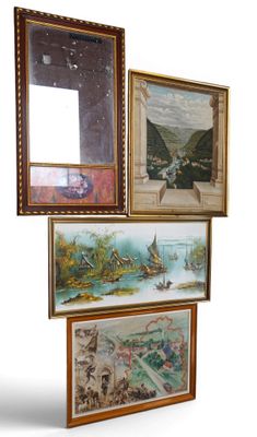 three framed paintings of a landscape and a boat on a white background