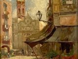 tableau représentant une scène de rue avec des personnes assises à des tables et une tour horloge en arrière-plan