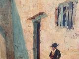 an oil painting of a man standing in front of a building