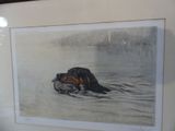 painting of a dog in the water with a duck in it ' s mouth