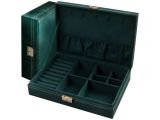 an image of a green leather case with compartments for jewelry