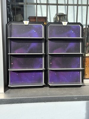 deux étagères violettes et noires posées sur le rebord d'une fenêtre, avec un chat assis dessus