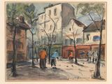 a painting of a group of people walking down the street