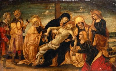 an image of a painting of jesus on the cross being carried by a group of people