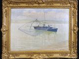 an oil painting of a boat in the water with people on it