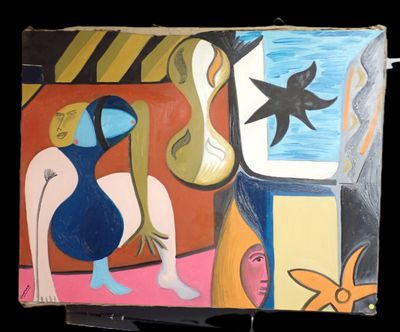 un tableau représentant une femme avec une guitare et un oiseau