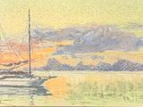 tableau représentant un voilier sur un plan d'eau, avec des montagnes en arrière-plan