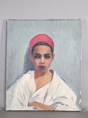 tableau représentant une femme portant un bandeau rouge et une chemise blanche
