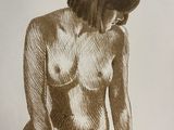 drawing of a nude woman sitting on the ground with her hands on her knees