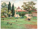 a painting of a cow and chickens in a field