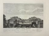 an old drawing of a view of a city with a clock tower