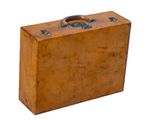 a brown suitcase that is sitting on a white surface