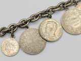 a close up of a chain with coins attached to it