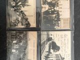 four old black and white photos of a group of people on a street
