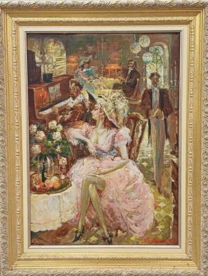 tableau représentant une femme en robe rose assise à une table avec d'autres personnes