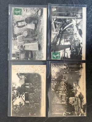 four old black and white photos of a man and a woman in a garden