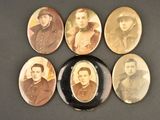 six antique photographs of men in military uniforms are displayed on a black surface