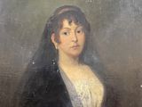 tableau représentant une femme vêtue d'une robe noire et blanche, la tête recouverte d'un voile