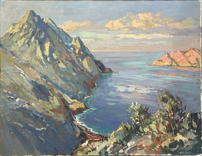 painting of a view of a mountain range with a body of water in the foreground