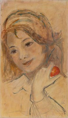 une image représentant un tableau d'une jeune fille tenant une pomme rouge dans la main