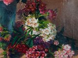 a painting of flowers in a blue vase on a table