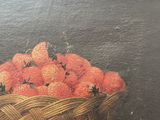a painting of strawberries in a basket on a table