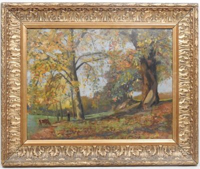 une peinture à l'huile représentant un paysage boisé avec des arbres et un banc
