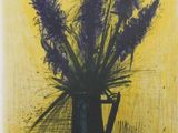 painting of purple flowers in a black vase on a yellow background