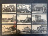 several old black and white photos of a train and a building