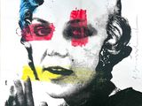 a picture of a painting of a woman with red, blue, and yellow paint on her face