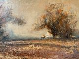une peinture à l'huile représentant une scène de campagne avec une maison blanche au loin