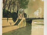 painting of a bridge over a body of water with a building in the background