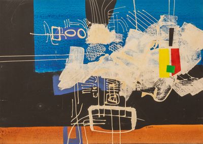 une image représentant une peinture sur fond noir, ornée d'un motif rouge, jaune, vert et bleu