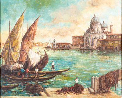 une peinture représentant des bateaux sur l'eau près d'un bâtiment