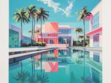 a painting of a pool with palm trees and buildings in the background
