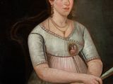 painting of a woman in a white dress with a red hat holding a knife