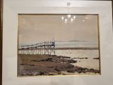 painting of a pier with a chandelier hanging from the ceiling