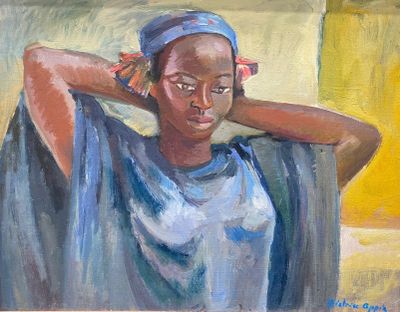 an oil painting of a woman with a blue scarf on her head