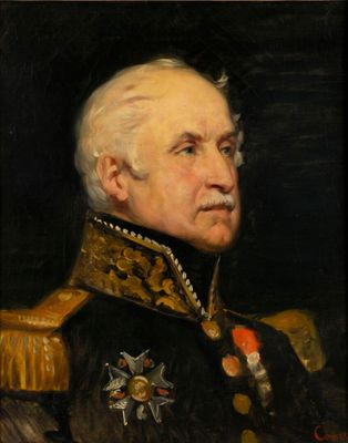 un vieux tableau représentant un homme en uniforme militaire, avec une médaille sur la poitrine