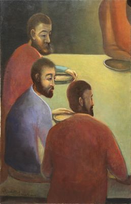 tableau représentant un groupe d'hommes assis autour d'une table, devant des assiettes de nourriture