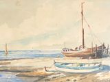 une peinture d'un bateau sur la plage au bord de l'eau