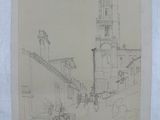 pencil drawing of a street scene with a church steeple in the background