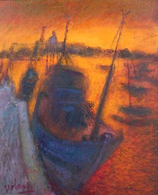 peinture représentant une peinture d'un bateau sur une plage au coucher du soleil