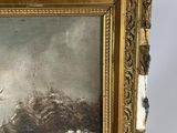 an oil painting of a deer in a snowy landscape by a stream