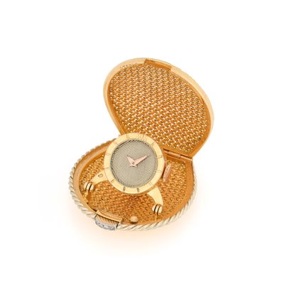 an image of a gold watch in a woven case on a white background