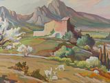 an oil painting of a mountain scene with sheep grazing in the foreground and a building in the background