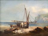 a painting of a boat on the beach by the water