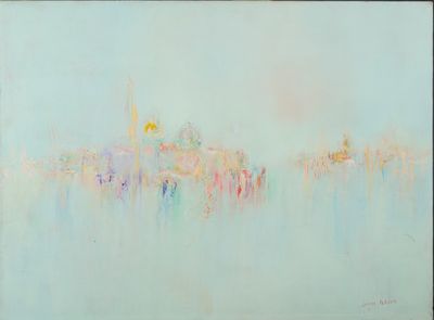une peinture à l'huile d'un paysage urbain avec des bâtiments à l'arrière-plan