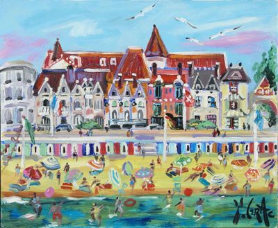 une peinture à l'huile représentant une scène de plage avec des personnes sur la plage